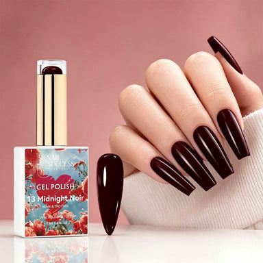 NSI Australia Midnight Noir dark burgundy gel polish with glossy deep wine manicure and swatch, shade 13