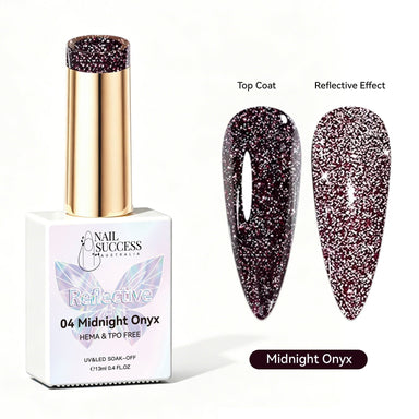 Nail Success Australia Midnight Onyx reflective glitter gel polish with top coat and reflective effect swatches