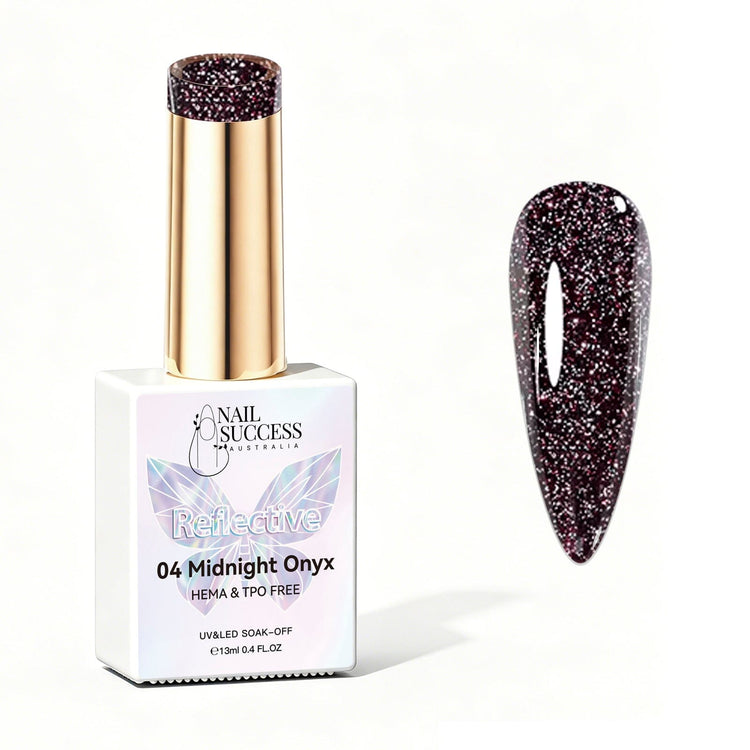 Nail Success Australia Midnight Onyx reflective glitter gel polish bottle with glossy black nail colour swatch