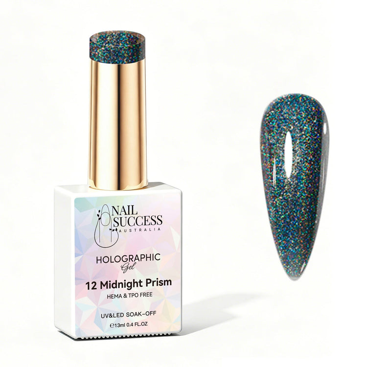 Nail Success Australia Midnight Prism holographic gel polish bottle with glossy dark teal holographic nail colour swatch
