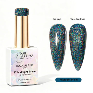 Nail Success Australia Midnight Prism holographic gel polish with top coat and matte top coat swatches