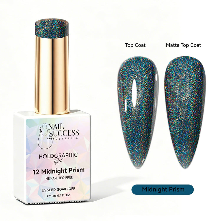 Nail Success Australia Midnight Prism holographic gel polish with top coat and matte top coat swatches