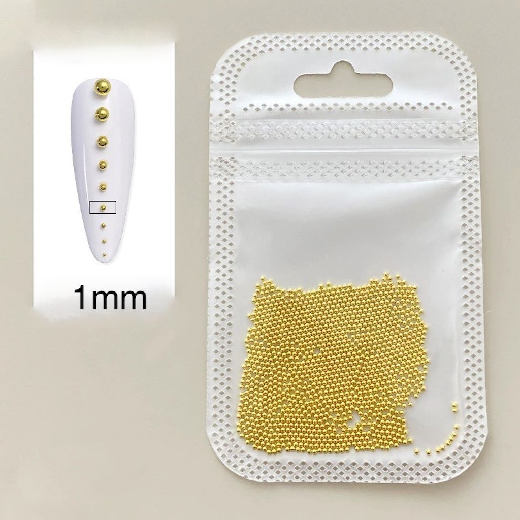 Gold caviar nail beads 1mm – durable steel micro studs for 3D nail designs, pouch pack