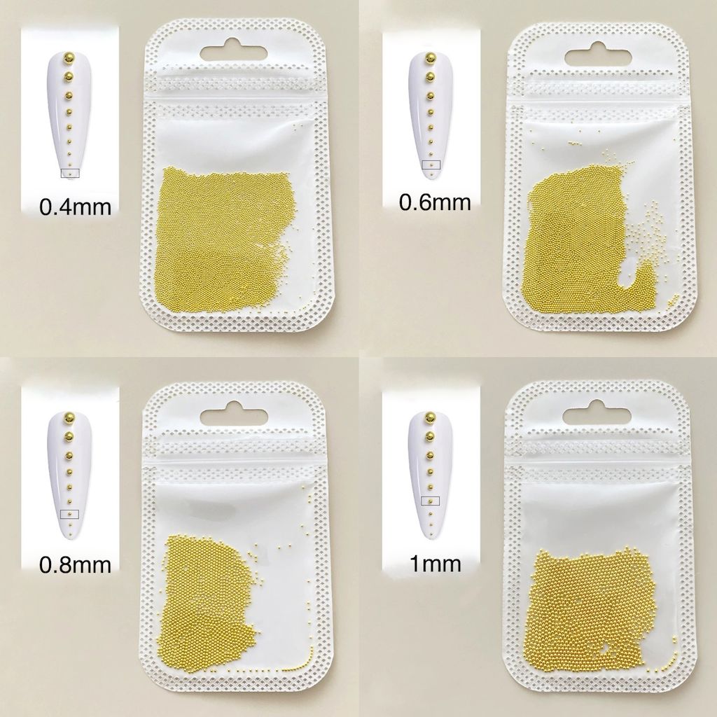 Mini gold nail art steel beads set—0.4mm, 0.6mm, 0.8mm, 1mm; micro caviar studs for manicures