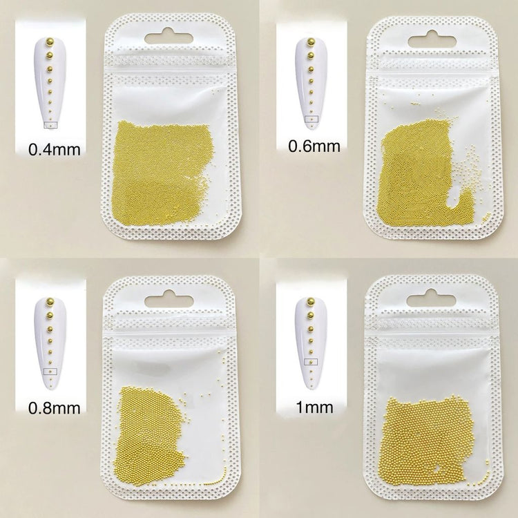Mini gold nail art steel beads set—0.4mm, 0.6mm, 0.8mm, 1mm; micro caviar studs for manicures