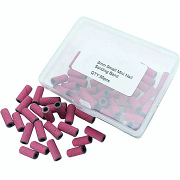 Mini nail drill sanding bands 3mm, clear box labelled 50pcs with loose pink bands scattered in front