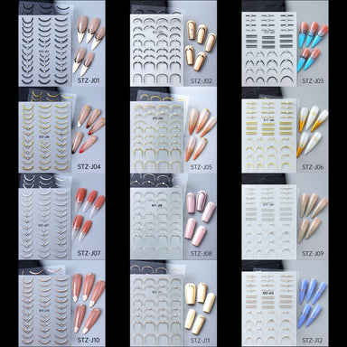 NSI Australia minimalist French nail art stickers – 12 designs in gold, silver & black, curved tip and line decals with sample nails