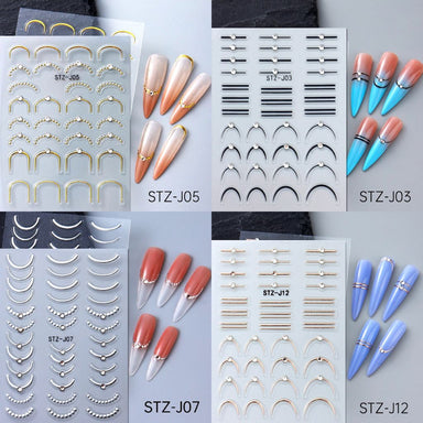 NSI Australia minimalist French nail stickers — STZ-J05, J03, J07, J12; gold & silver line and curved tip decals, sample nails shown