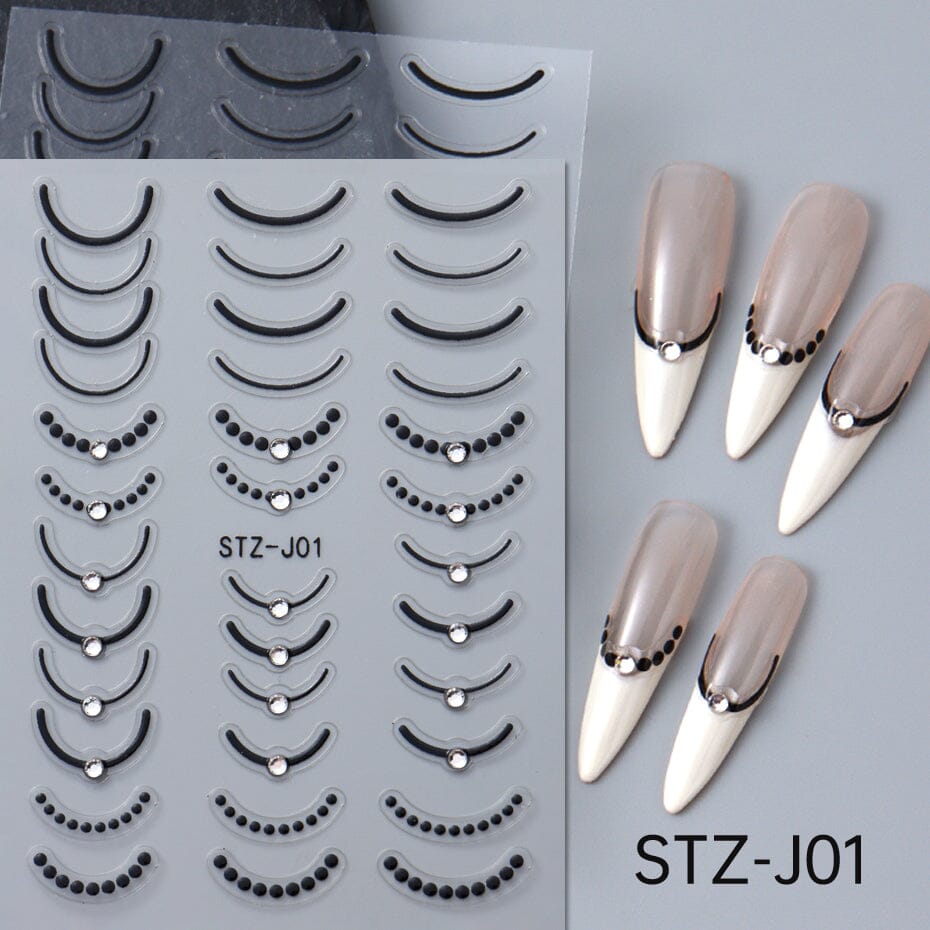 NSI Australia STZ-J01 Nail Art Stickers – black French tip curve decals with dot accents and crystal studs, self-adhesive, shown on sample nails
