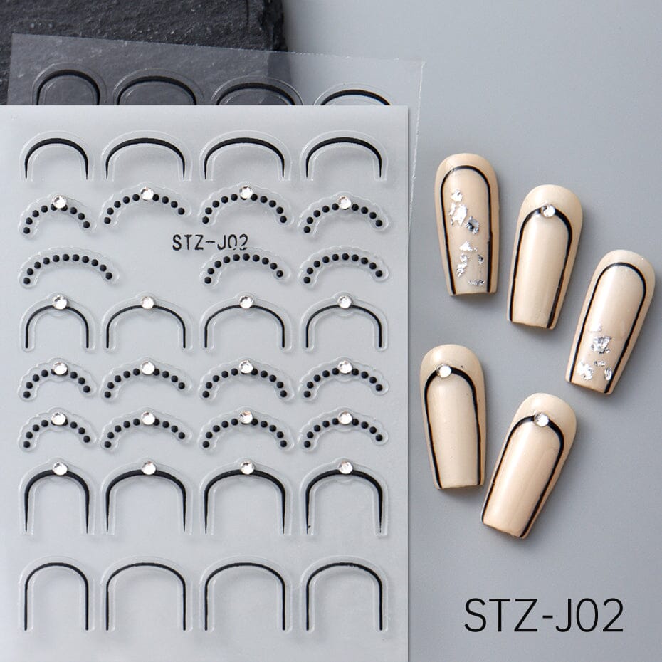 NSI Australia STZ-J02 Nail Art Stickers – black French tip frame curve decals with dot accents and crystal studs, self-adhesive, shown on sample nails