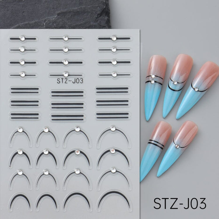 NSI Australia STZ-J03 Nail Art Stickers – black bars and curved French tip decals with crystal studs, self-adhesive, shown on sample nails