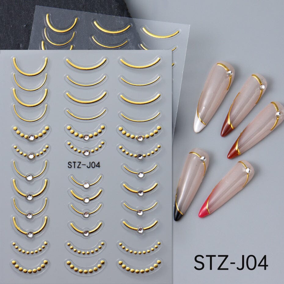 NSI Australia STZ-J04 Nail Art Stickers – gold metallic French tip curve decals with bead dots and crystal studs, self-adhesive, shown on sample nails