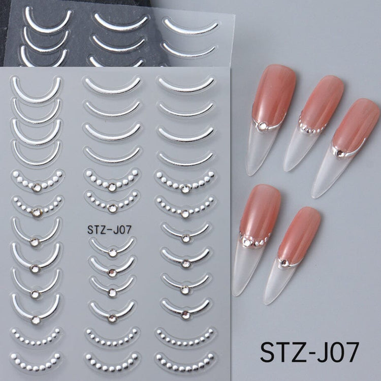 NSI Australia STZ-J07 Nail Art Stickers – silver metallic French tip curve decals with bead dots and crystal studs, self-adhesive, shown on sample nails