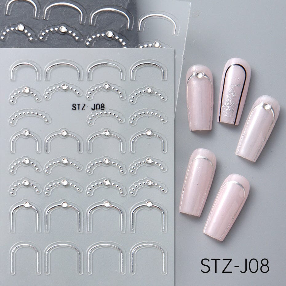NSI Australia STZ-J08 Nail Art Stickers – silver U-frame and French tip curve decals with dot accents and crystal studs, self-adhesive, shown on sample nails