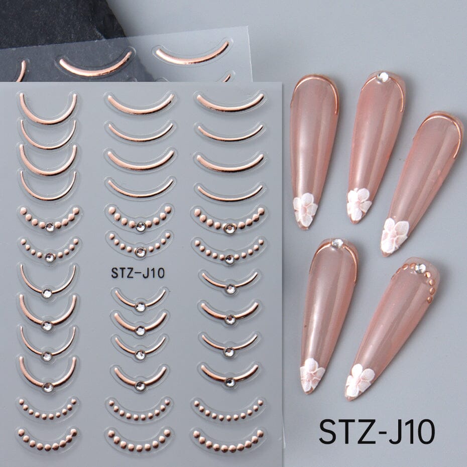 NSI Australia STZ-J10 Nail Art Stickers – rose gold metallic French tip curve decals with bead dots and crystal studs, self-adhesive, shown on sample nails