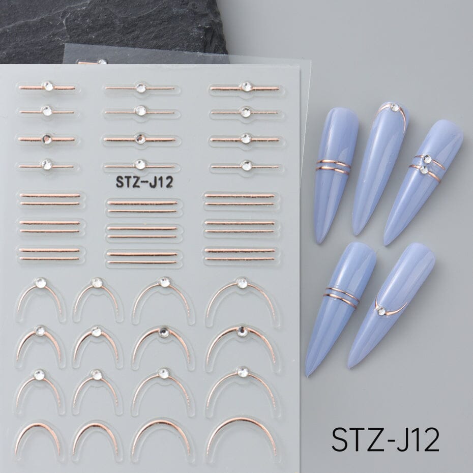 NSI Australia STZ-J12 Nail Art Stickers – rose gold metallic striping bars and curved French tip decals with crystal studs, self-adhesive, shown on sample nails