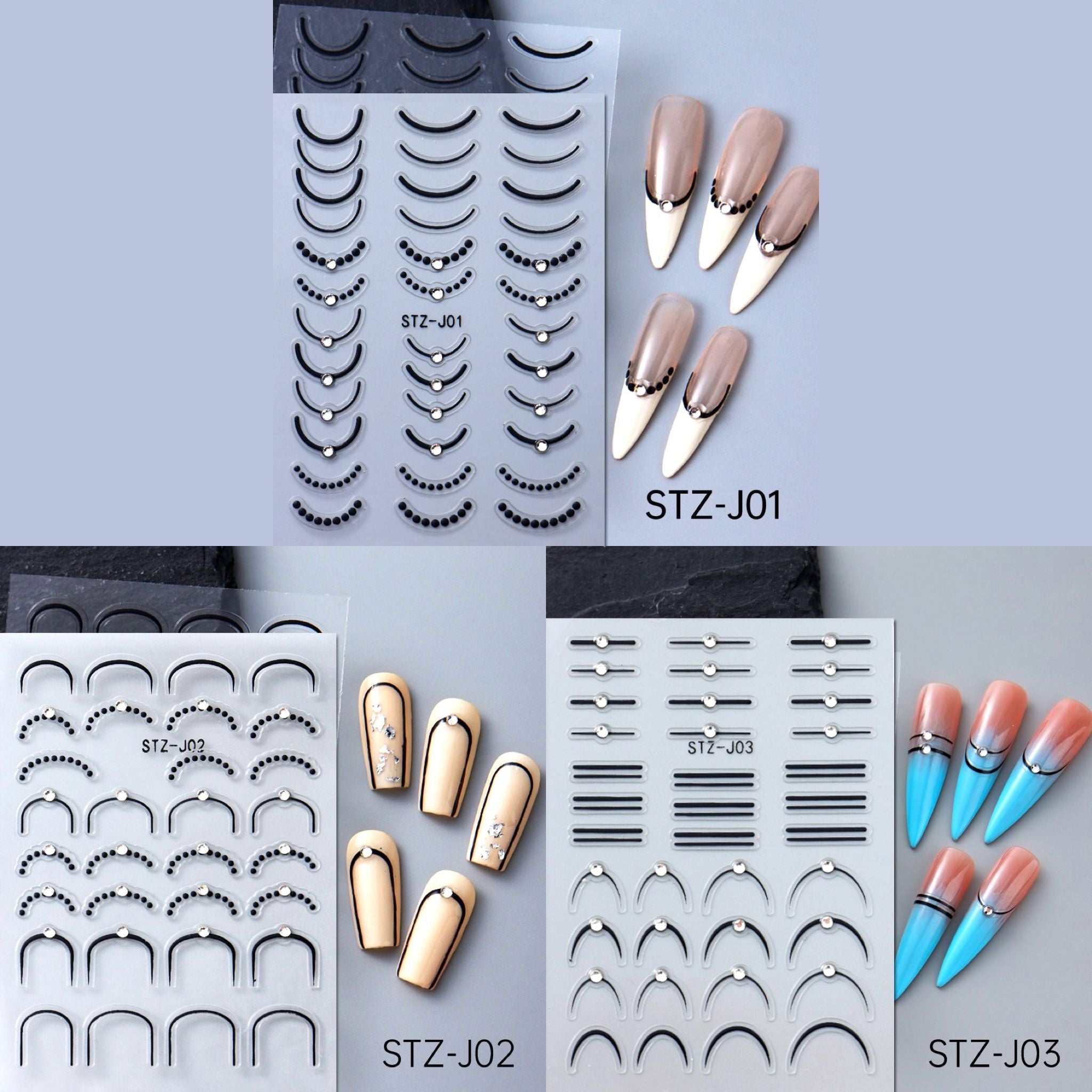 NSI Australia Minimalist French Nail Art Stickers Pack – black French tip & line decals, sets STZ-J01, STZ-J02, STZ-J03 with sample nails shown