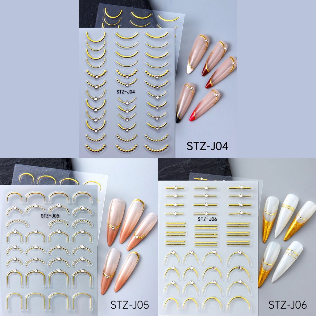 NSI Australia Minimalist French Nail Art Stickers Pack – gold metallic French tip & line decals, sets STZ-J04, STZ-J05, STZ-J06 with sample nails