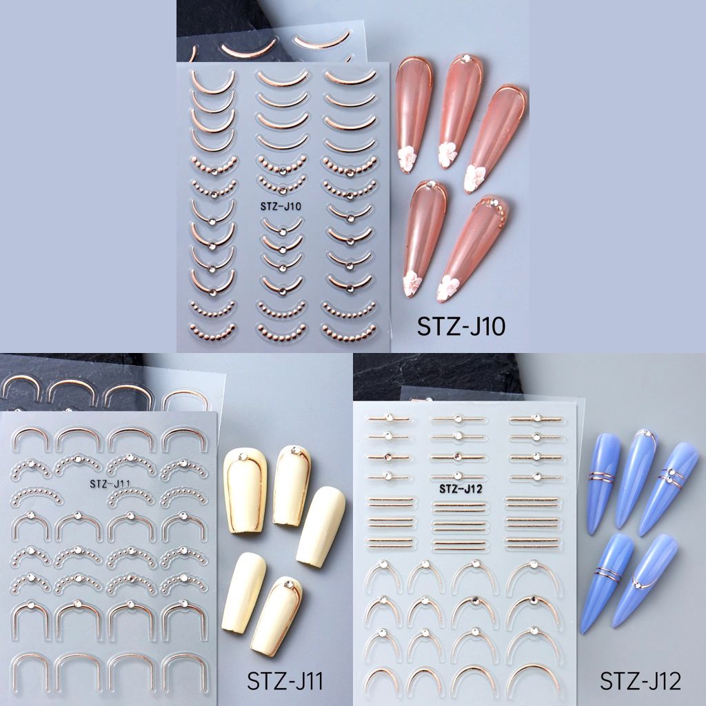 NSI Australia Minimalist French Nail Art Stickers Pack – rose gold metallic French tip & line decals, sets STZ-J10, STZ-J11 & STZ-J12 with sample nails shown