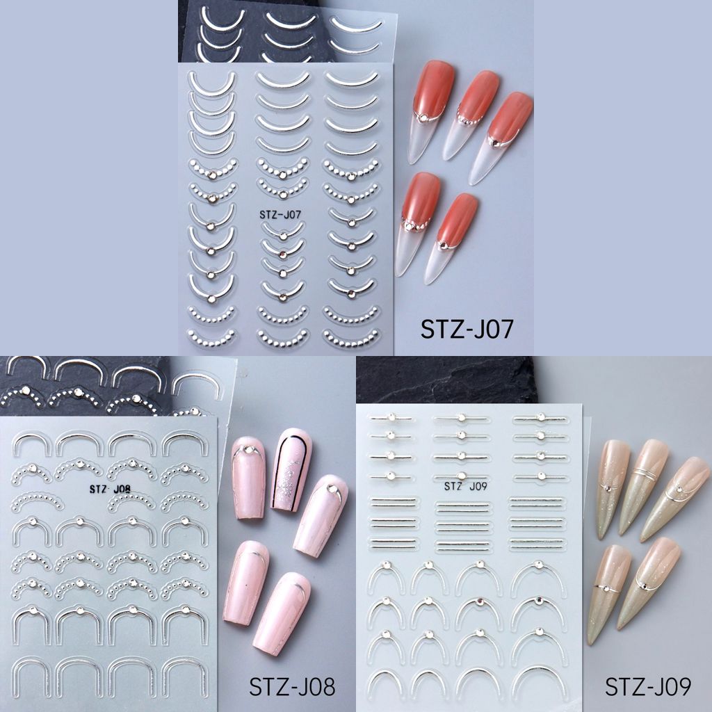 NSI Australia Minimalist French Nail Art Stickers Pack – silver metallic French tip & line decals, sets STZ-J07, STZ-J08, STZ-J09 with sample nails