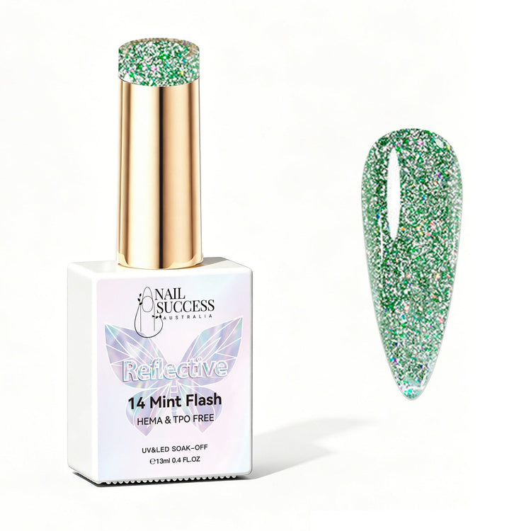 Nail Success Australia Mint Flash reflective glitter gel polish bottle with glossy green nail colour swatch