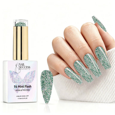 Mint Flash reflective gel polish with green glitter swatch and matching manicure for HEMA and TPO free salon nails