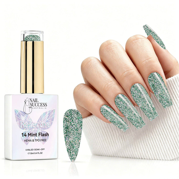 Mint Flash reflective gel polish with green glitter swatch and matching manicure for HEMA and TPO free salon nails