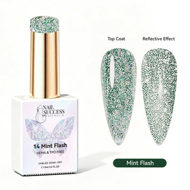Nail Success Australia Mint Flash reflective glitter gel polish with top coat and reflective effect swatches