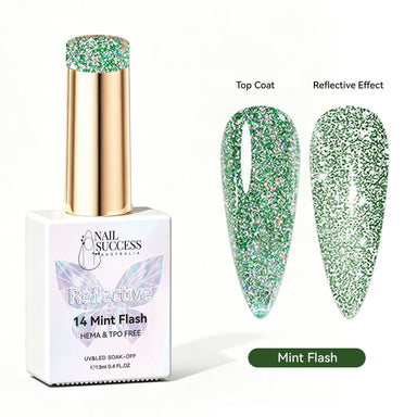 Nail Success Australia Mint Flash reflective glitter gel polish with top coat and reflective effect swatches