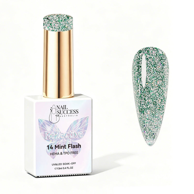 Nail Success Australia Mint Flash reflective glitter gel polish bottle with glossy green nail colour swatch