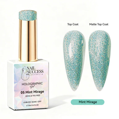 Nail Success Australia Mint Mirage holographic gel polish with top coat and matte top coat swatches
