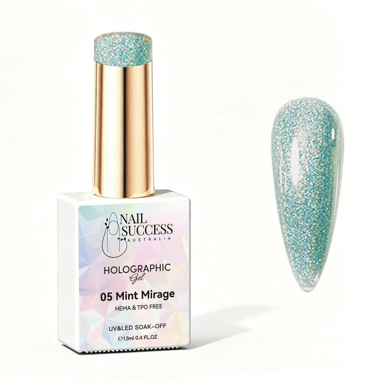 Nail Success Australia Mint Mirage holographic gel polish bottle with glossy mint green holographic nail colour swatch
