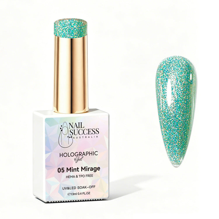 Nail Success Australia Mint Mirage holographic gel polish bottle with glossy mint green holographic nail colour swatch
