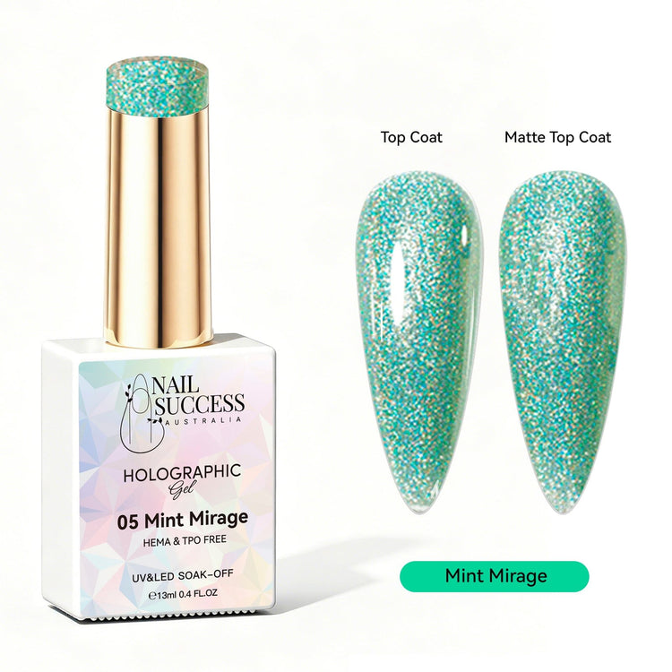 Nail Success Australia Mint Mirage holographic gel polish with top coat and matte top coat swatches