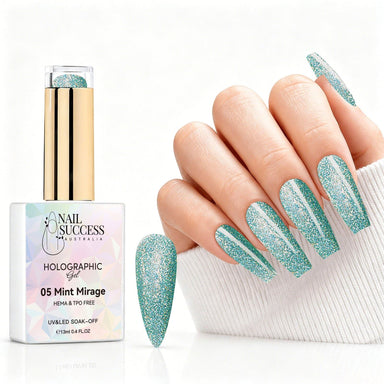 Mint Mirage holographic gel polish with mint green glitter swatch and matching manicure for HEMA and TPO free salon nails