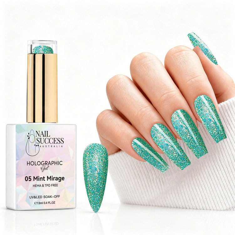 Mint Mirage holographic gel polish with mint green glitter swatch and matching manicure for HEMA and TPO free salon nails