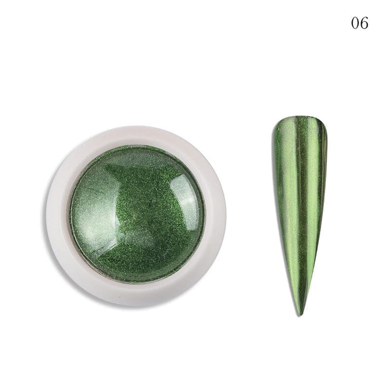 Green chrome nail powder shade 06 with metallic nail swatch for mirror finish nail art, NSI Australia