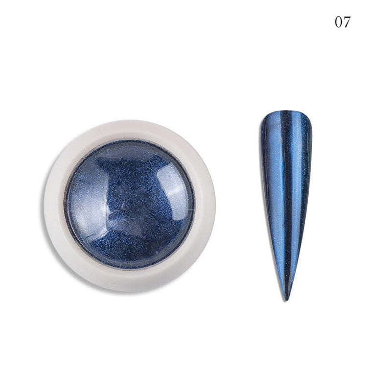 Blue chrome nail powder shade 07 with metallic nail swatch for mirror finish nail art, NSI Australia