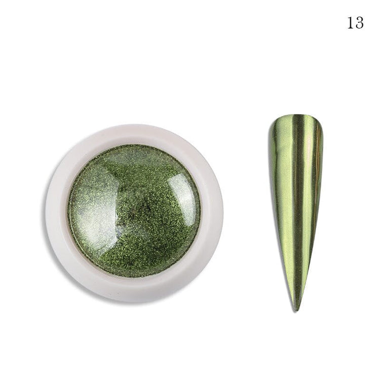 Olive green chrome nail powder shade 13 with metallic nail swatch for mirror finish nail art, NSI Australia