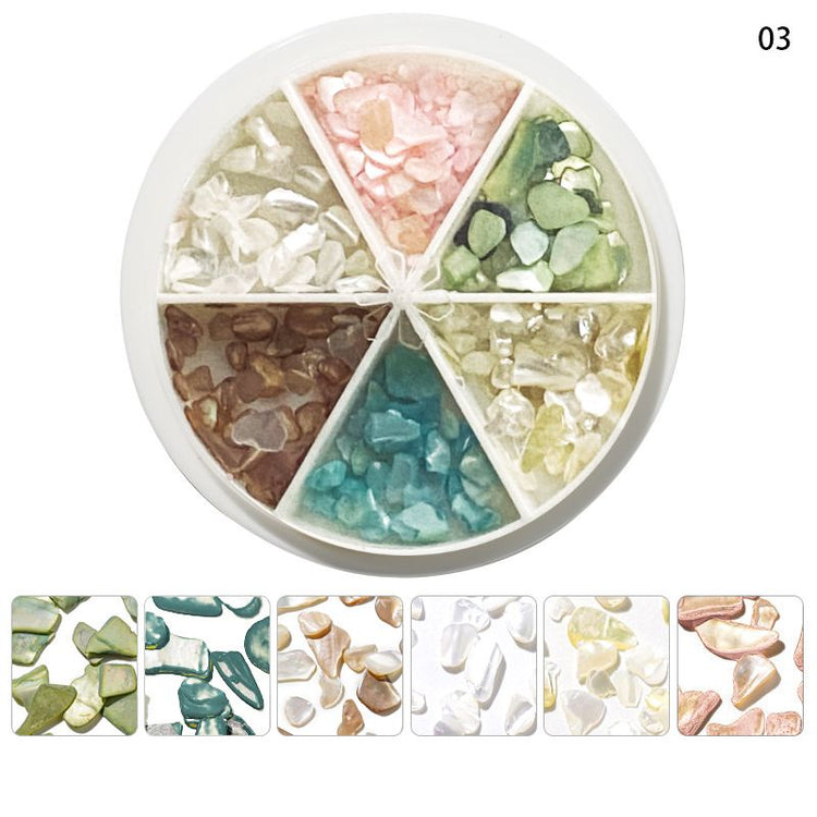 Mixed shape resin shell decoration wheel 03 with white, green, brown and pink shell pieces
