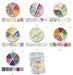 Mixed shape resin shell nail decoration wheels in seven styles, with wheel size measurements