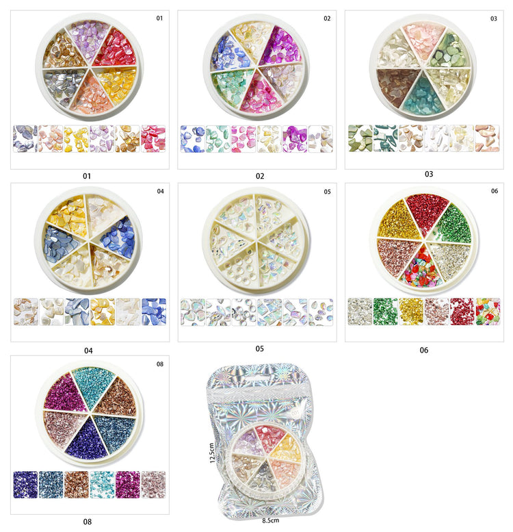 Mixed shape resin shell decoration wheels, pack of 7 wheels (01 to 08)