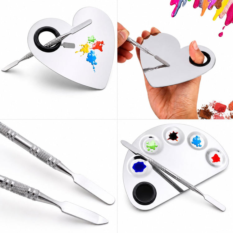 Stainless steel nail art mixing palettes with double-ended spatula tools for gel polish colour blending and custom salon nail art designs
