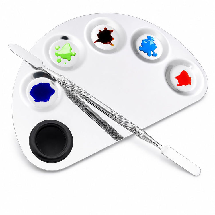 Half-moon stainless steel nail art colour mixing palette with spatula tool and multi-well design for gel polish blending and custom salon nail art designs