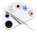 Half-moon stainless steel nail art colour mixing palette with spatula tool and multi-well design for gel polish blending and custom salon nail art designs