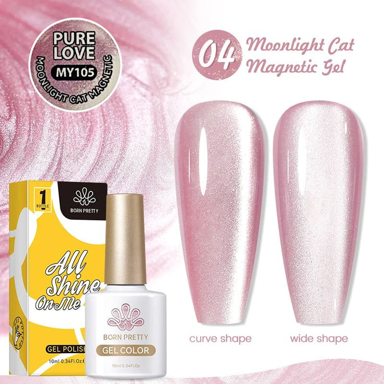 NSI Australia Born Pretty Moonlight Cat Eye Magnetic Gel MY105 “Pure Love” – shade 04 soft pink shimmer, 10ml gel polish with cat-eye swatches (curve & wide)