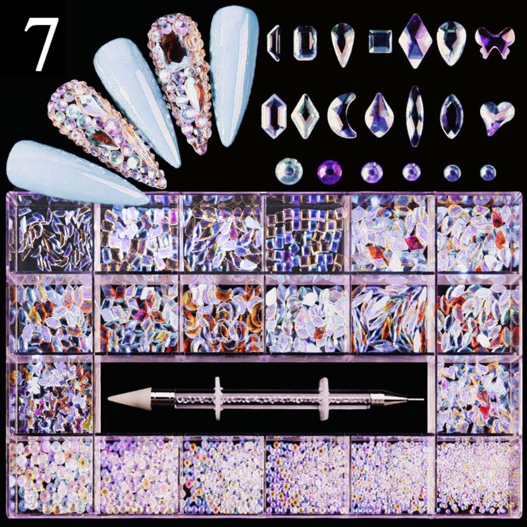 Nail Success Australia multi-shaped rhinestones box set—AB crystals for nail art in assorted shapes and sizes with pickup tool, 12-grid case (Style 07)