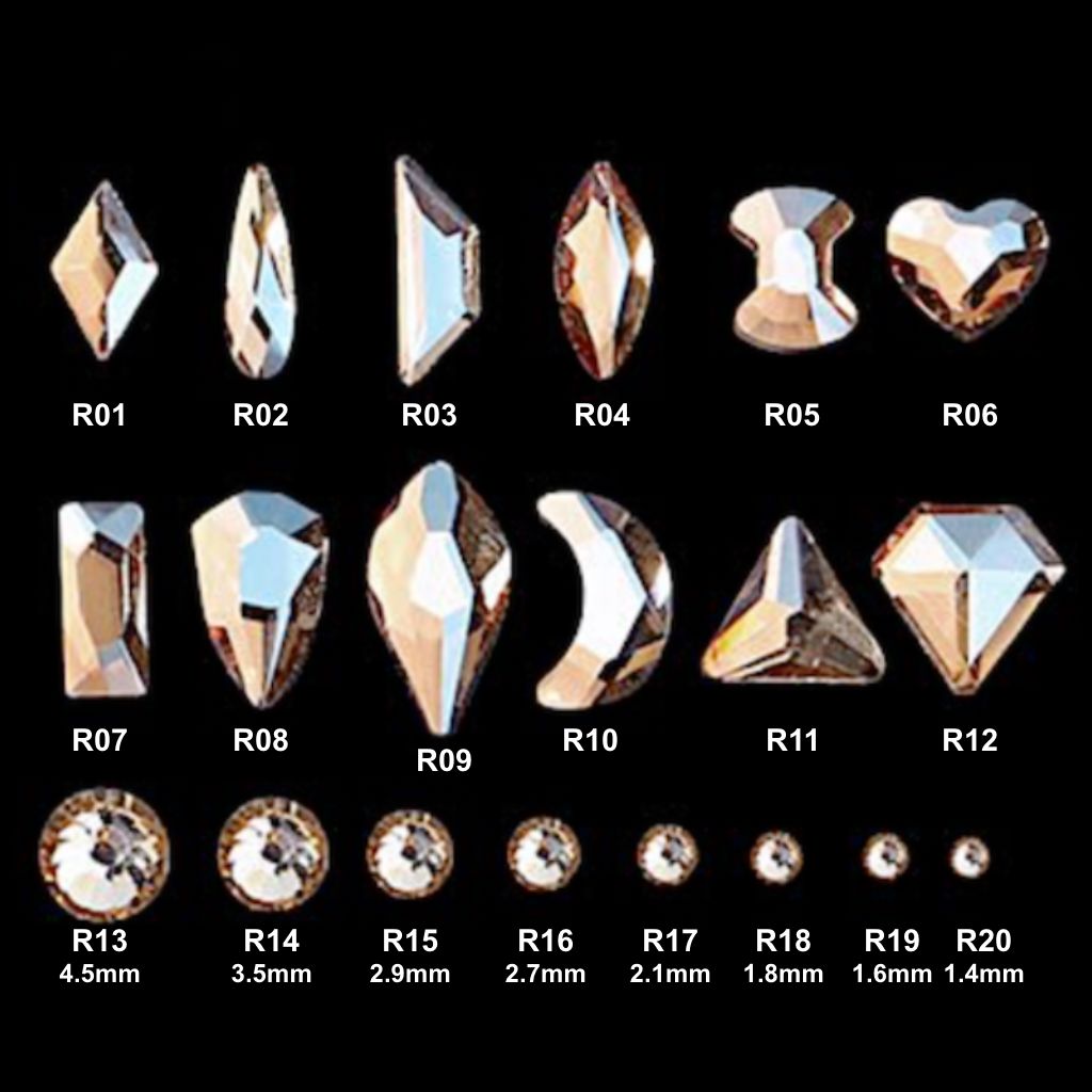 NSI Australia Series 6 Luxury Rhinestones — shape chart R01–R12 plus round sizes R13–R20 (1.4–4.5 mm), champagne-gold faceted nail art crystals on black.