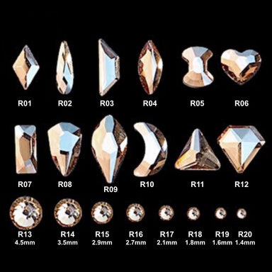 NSI Australia Series 6 Luxury Rhinestones — shape chart R01–R12 plus round sizes R13–R20 (1.4–4.5 mm), champagne-gold faceted nail art crystals on black.