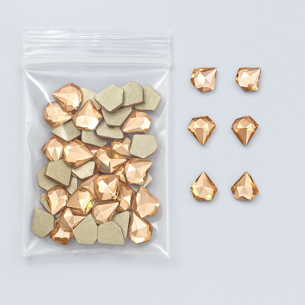 NSI Australia Series 6 Luxury Rhinestones — R12 diamond-shield champagne gold flatback nail art crystals, bulk bag with samples